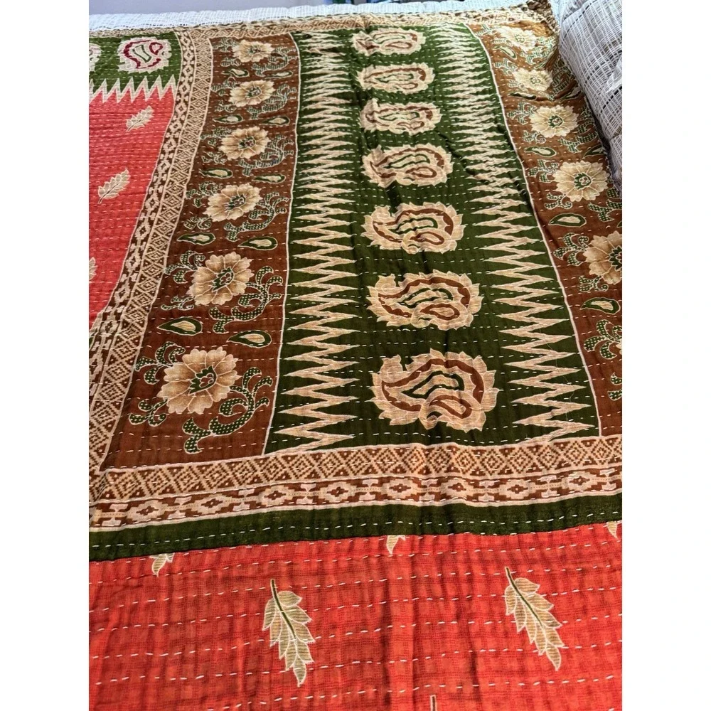 Kantha Quilt Twin Handmade Reversible Indian Cotton Bedspread Throw 86x54 Boho